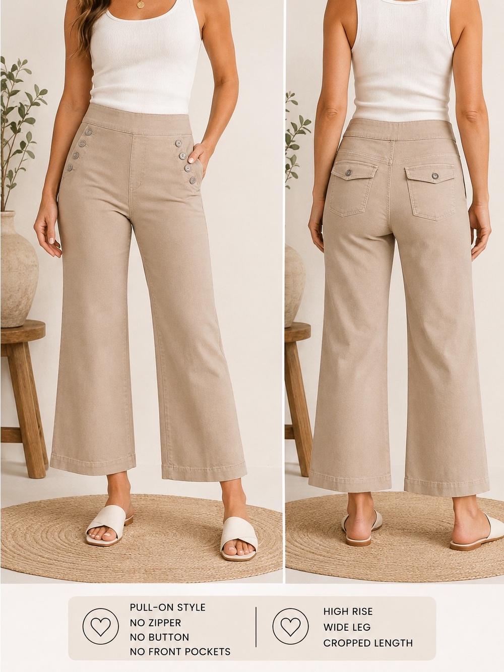 Chico’s Pull-On Wide Leg Crop Pants | Sailor Button Detail | Size 8